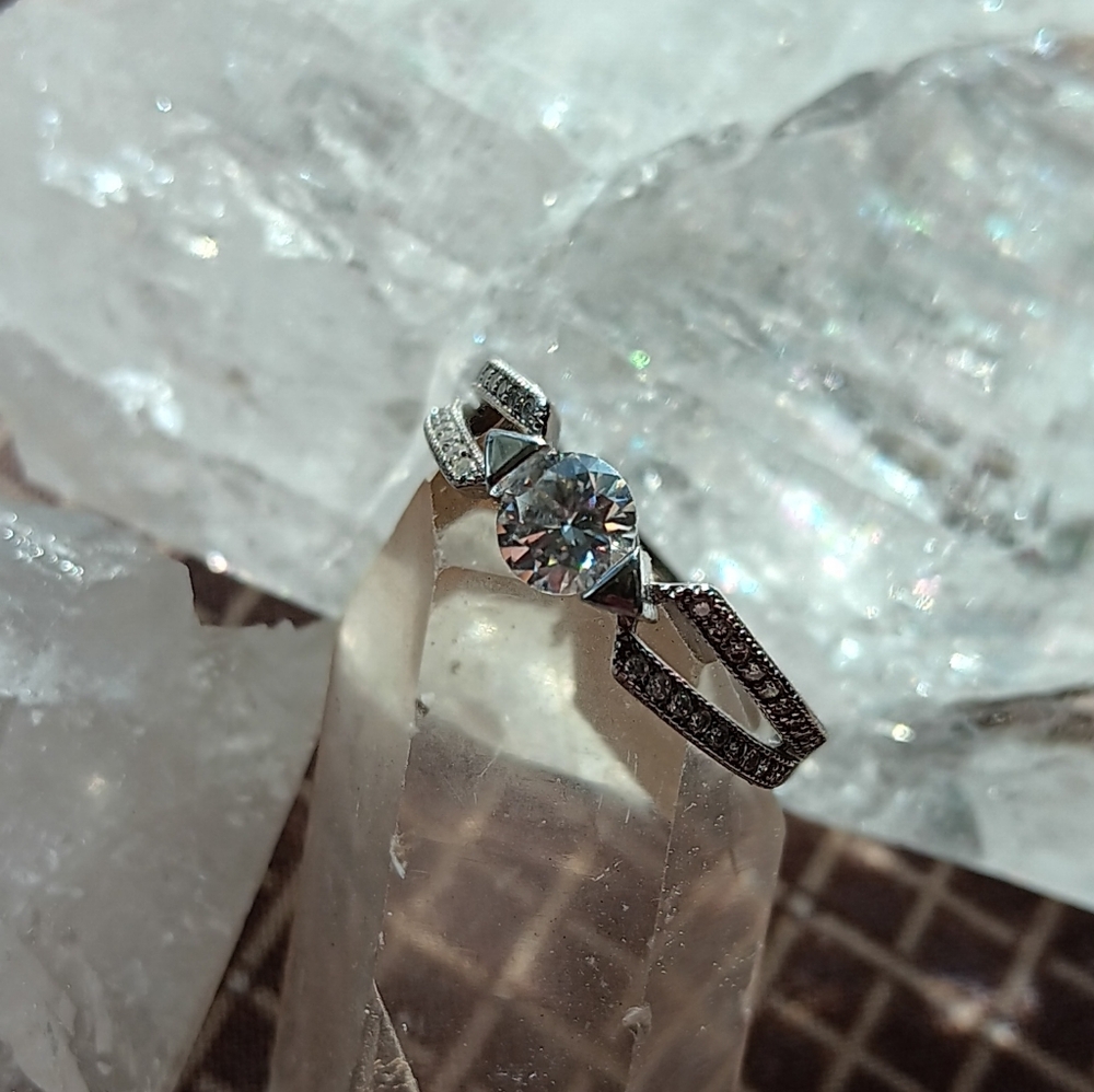 Sterling moissanite Ring, Size 8, White Gold Plating Over Sterling Silver.